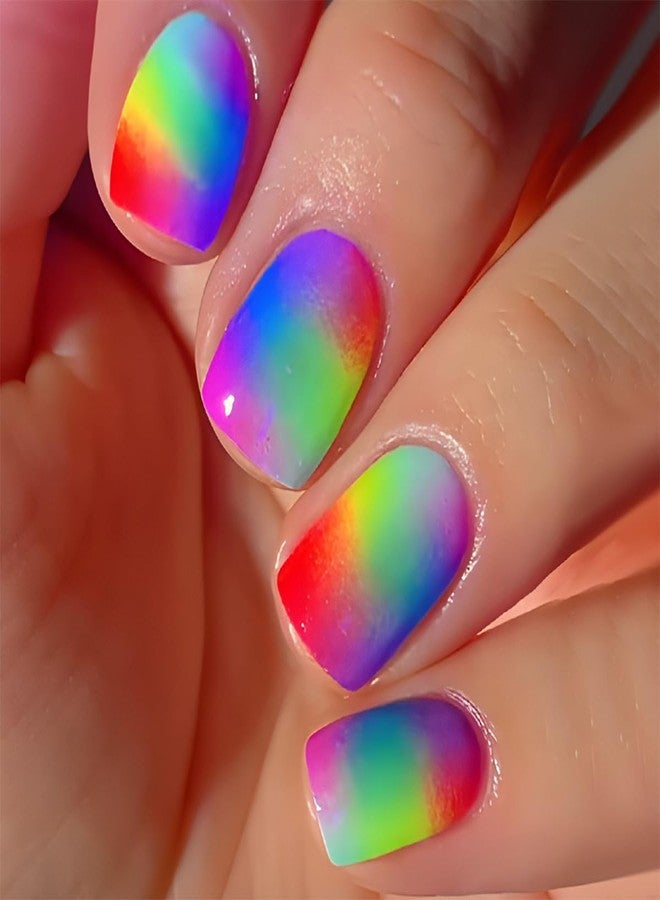 HJKDSFD 24Pcs Rainbow Press on Nails Square Short Fake Nails with Colorful Gradient Designs Full Cover Acrylic Nails Press on Glossy Artificial False Nails Cute Stick on Nails for Women Girls - Image 1
